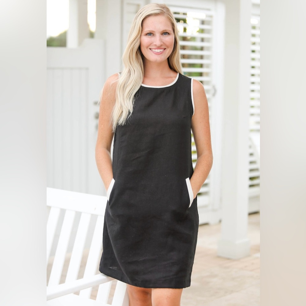 I Linen Lifestyle linen dress .black with trim and drawstring bottom. Size large